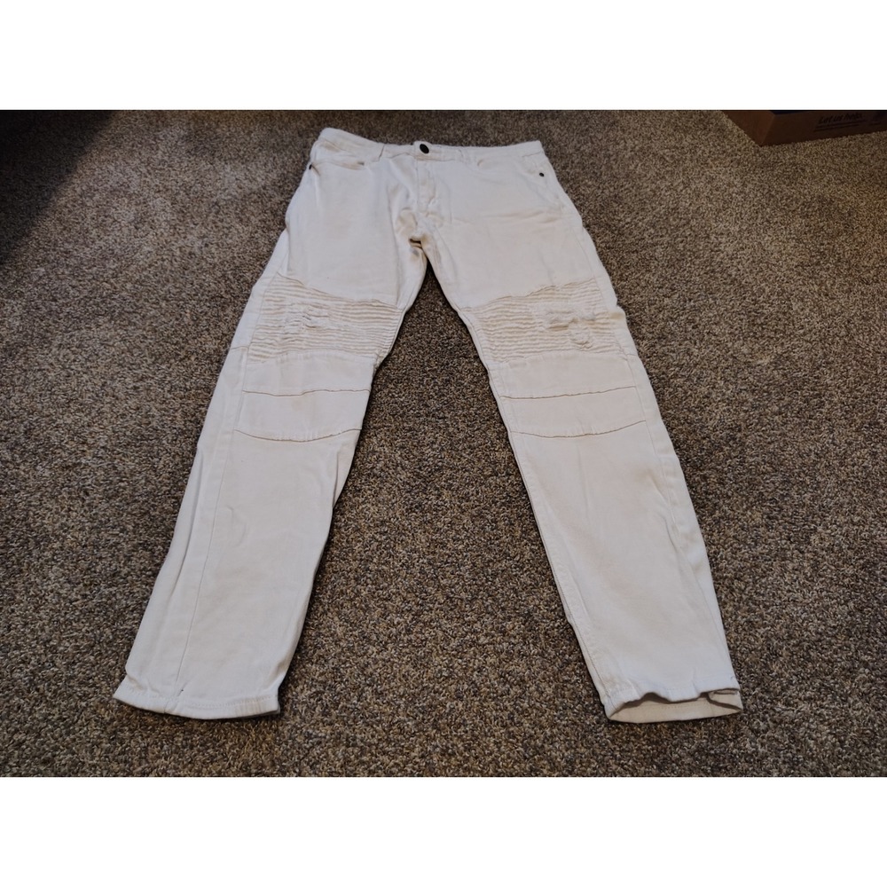 Waimea Mens Skinny Fit Biker Jeans Off White Ribbed Moto Distressed 36x32